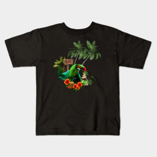 Tropical design with cute toucan with a drink and palm trees Kids T-Shirt